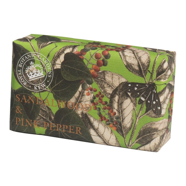 The English Soap Company Kew Gardens Sandalwood & Pink Pepper Soap - Luxury Vegan Soap Bar Enriched with Shea Butter - Warm Spicy Woody Scent, Cruelty-Free, Recyclable, Made in England - 240g